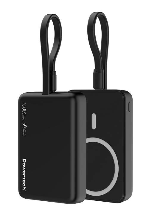 POWERTECH power bank PT-1376 με καλώδιο, 10000mah, magnetic wireless, 20W, μαύρο PT-1376