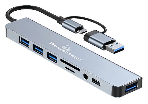 POWERTECH USB hub PTR-0151 με card reader, 8 θυρών, USB & USB-C, γκρι PTR-0151