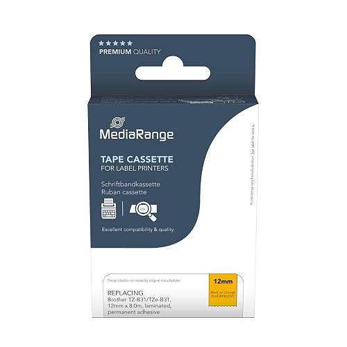 MediaRange Plastic Tape Cassette For Label Printers Using Brother TZ-b31/TZe-b31 12mm 8m Laminated Black On Fluorescent Orange (MRBTZB31)