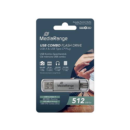 MediaRange USB 3.2 Gen 1 Combo Flash Memory Drive with USB-A and USB-C®, with Protective Caps, Silver, 512GB (MR940-1)