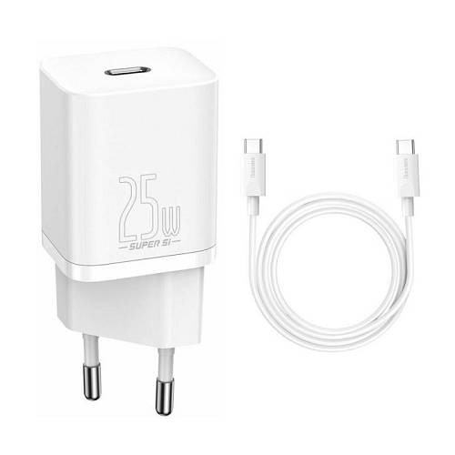 Φορτιστής Ταξιδίου Ταχείας Φόρτισης Baseus Super Si 1C με Έξοδο USB C 25W & Καλώδιο USB C σε USB C 1m Λευκό