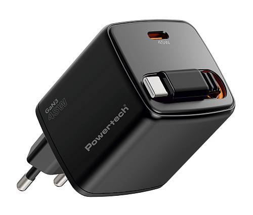 POWERTECH φορτιστής τοίχου PT-1572 με πτυσσόμενο καλώδιο, USB-C, 45W, GaN, μαύρος PT-1572