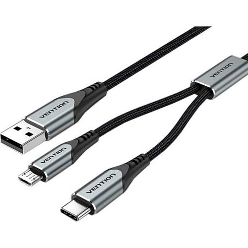 VENTION Nylon Braided USB 2.0 A Male to Dual Type-C Male Y-Splitter Cable 1M Gray Aluminum Alloy Type (CQOHF) (VENCQOHF)