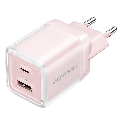 VENTION 2-Port USB (C + A) GaN Charger (30W/30W) with 3A USB-C to USB-C Cable (1M) EU-Plug Pink (TZ-FCEP0-EU) (VENTZ-FCEP0-EU)