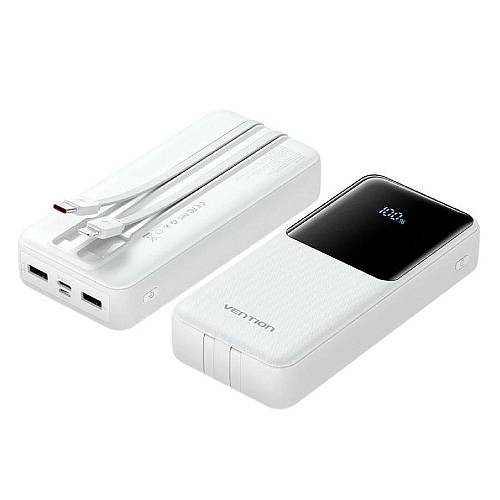 VENTION 20000mAh Power Bank (Micro-USB + USB-C + USB-A/USB-A) with Built-in USB-C and Lightning Cables 22.5W White LED Display Universal Type (FHPW0-TY) (VENFHPW0-TY)