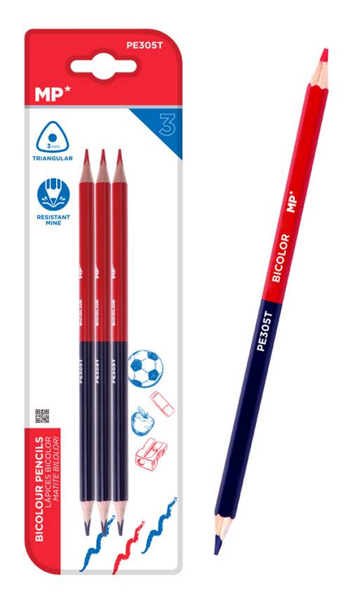 MP ξυλομπογιά με διπλή μύτη PE305T, 3mm μύτη, τρίγωνο, μπλε/κόκκινο, 3τμχ PE305T