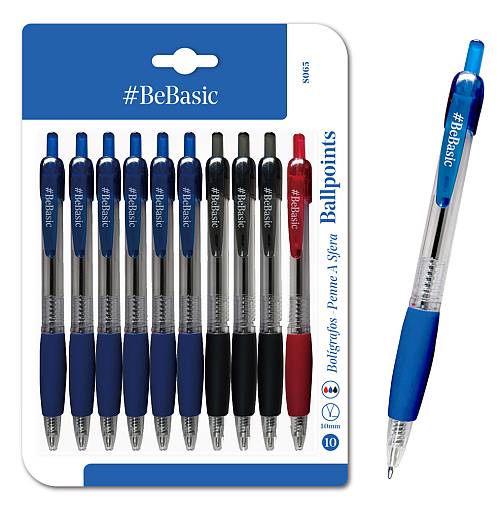BEBASIC σετ στυλό διαρκείας ballpoint S065, 1mm μύτη, 14.5cm, μπλε/μαύρο/κόκκινο, 10τμχ S065