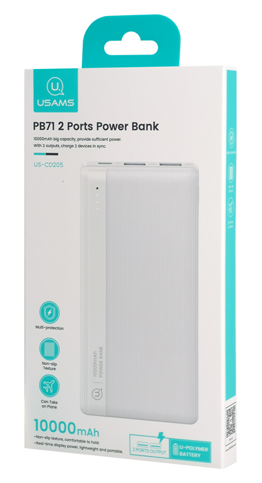 USAMS power bank US-CD205, 2x USB θύρες εξόδου, 10000mAh, 10W, λευκό 10KCD20502