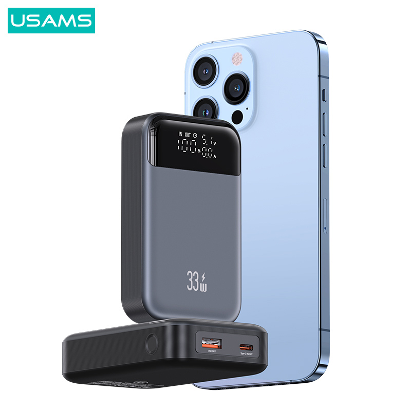 USAMS power bank CD221 με οθόνη, 2x θύρες εξόδου, 10000mAh, PPS 33W, γκρι 10KCD22101