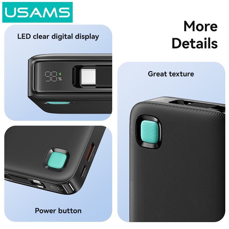 USAMS power bank CD224 με καλώδιο USB-C, 2x θύρες εξόδου, 10000mAh, 20W, μαύρο 10KCD22401