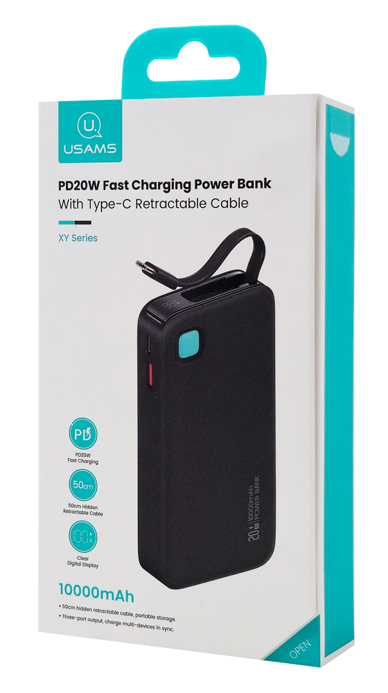 USAMS power bank CD224 με καλώδιο USB-C, 2x θύρες εξόδου, 10000mAh, 20W, μαύρο 10KCD22401