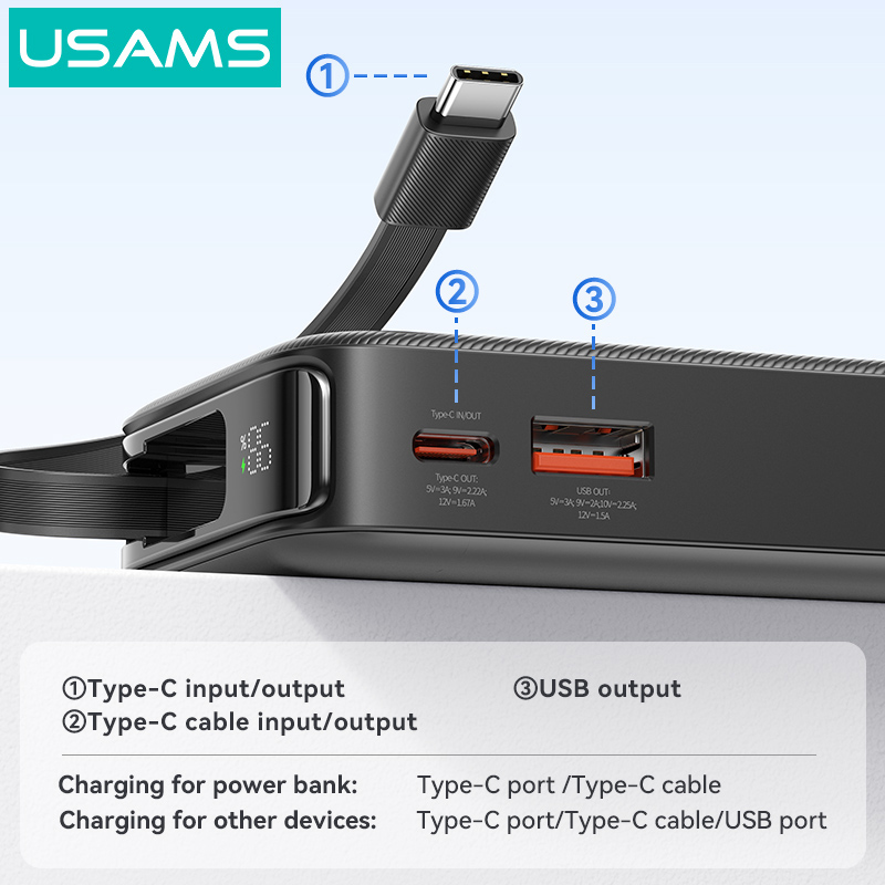 USAMS power bank CD224 με καλώδιο USB-C, 2x θύρες εξόδου, 10000mAh, 20W, λευκό 10KCD22402