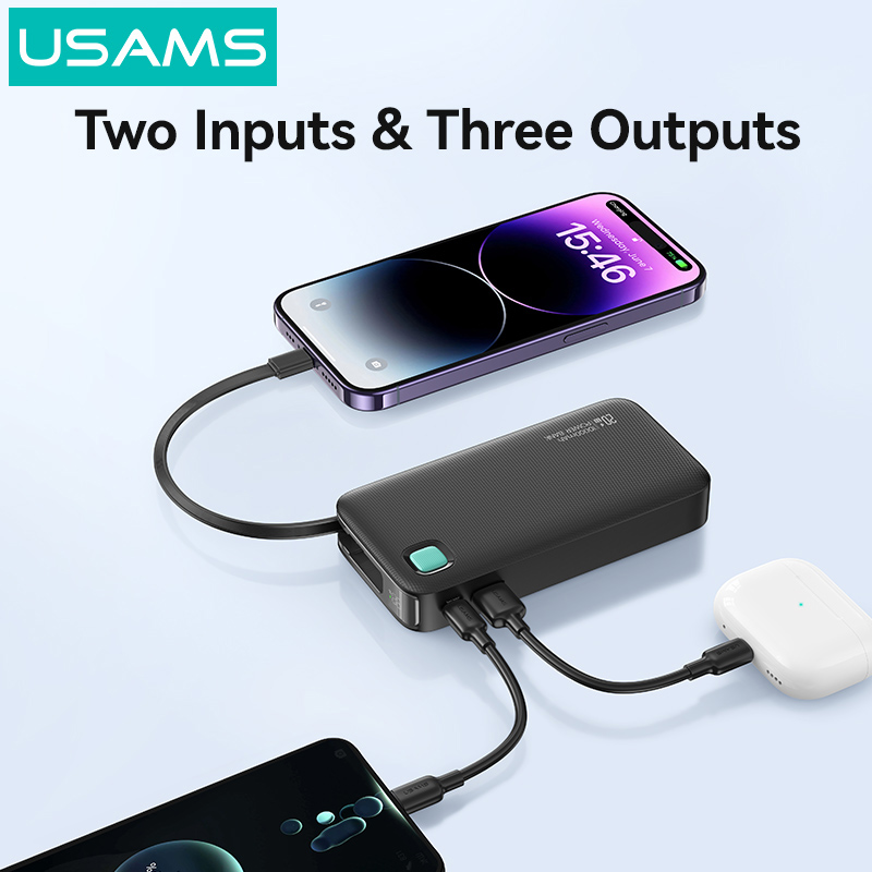 USAMS power bank CD225 με καλώδιο Lightning, 2x θύρες εξόδου, 10000mAh, 20W, λευκό 10KCD22502