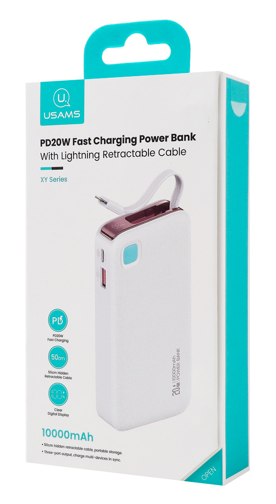 USAMS power bank CD225 με καλώδιο Lightning, 2x θύρες εξόδου, 10000mAh, 20W, λευκό 10KCD22502