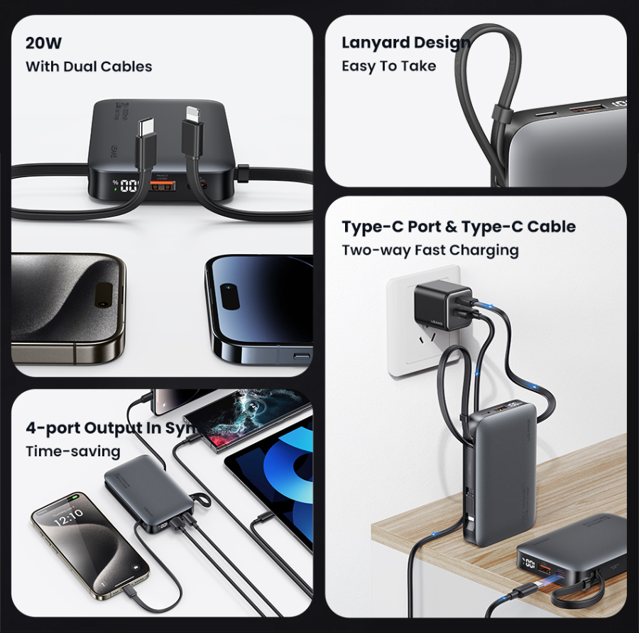USAMS power bank CD228 με 2x καλώδια, 2x θύρες εξόδου, 10000mAh, 20W, γκρι 10KCD22801