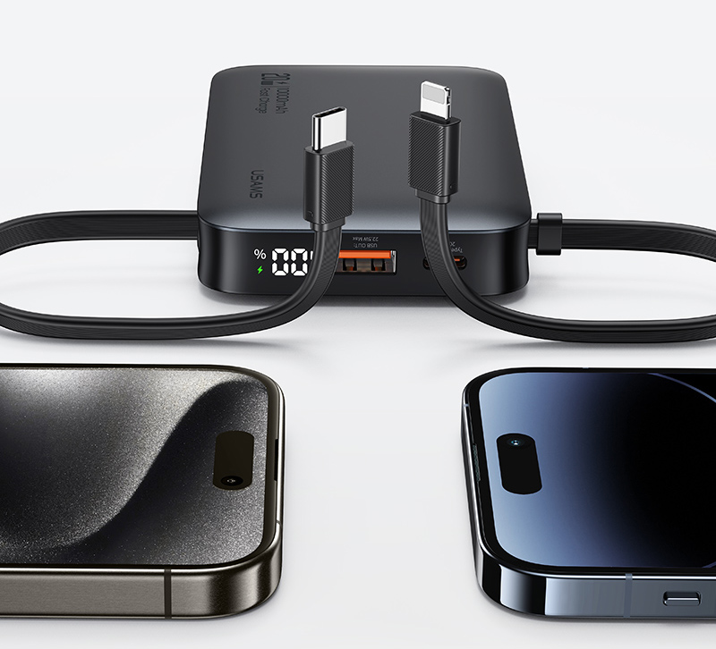 USAMS power bank CD228 με 2x καλώδια, 2x θύρες εξόδου, 10000mAh, 20W, γκρι 10KCD22801