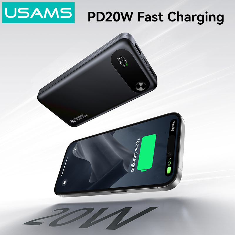 USAMS power bank CD249 με οθόνη, 3x θύρες εξόδου, 10000mAh, PD20W, μαύρο 10KCD24901
