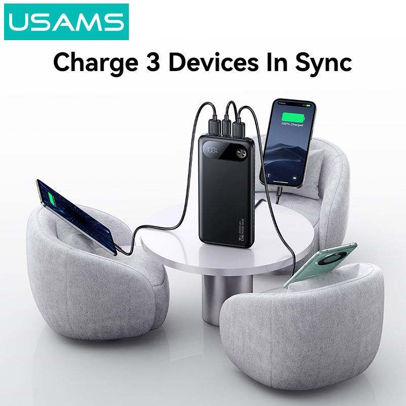 USAMS power bank CD249 με οθόνη, 3x θύρες εξόδου, 10000mAh, PD20W, λευκό 10KCD24902