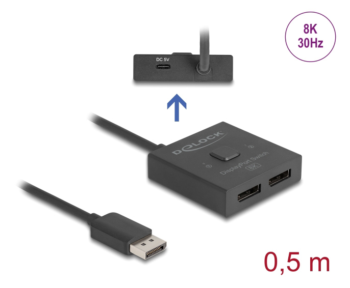 DELOCK DisplayPort switch 18906, 2 σε 1, bidirectional, 8K/30Hz, μαύρο 18906