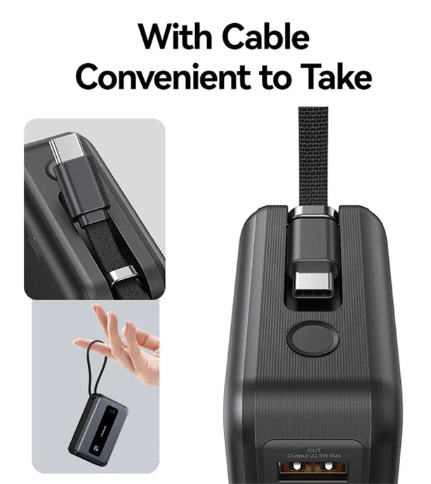 USAMS power bank CD243 με καλώδιο USB-C, 2x θύρες εξόδου, 20000mAh, 65W, γκρι 20KCD24301