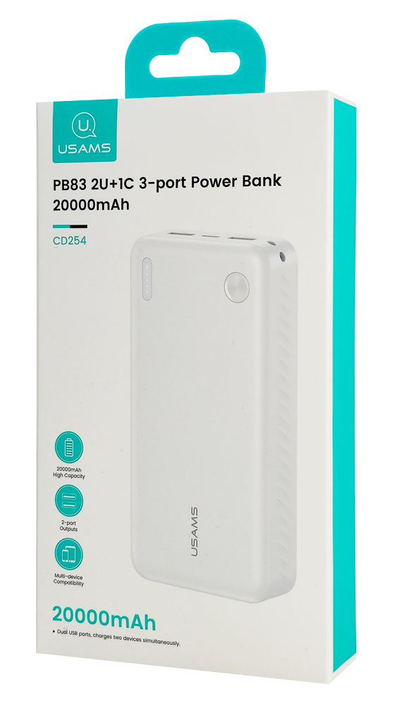USAMS power bank CD254, 2x θύρες εξόδου, 20000mAh, 10W, λευκό 20KCD25402