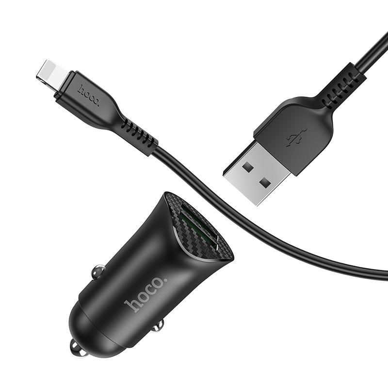 HOCO - Z39 Car Charger Dual Port QC3.0 18W Set Lightning Cable Black