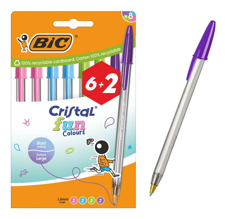 BIC στυλό διαρκείας ballpoint Cristal Fun Colours, 1.6mm μύτη, διάφορα χρώματα, 8τμχ 3086123764057