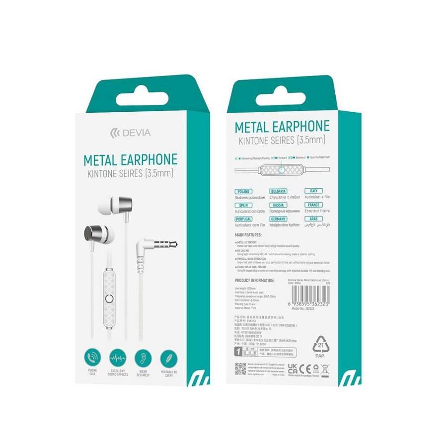 Devia - EM103 Wired earphones Kintone Metal jack 3,5mm White