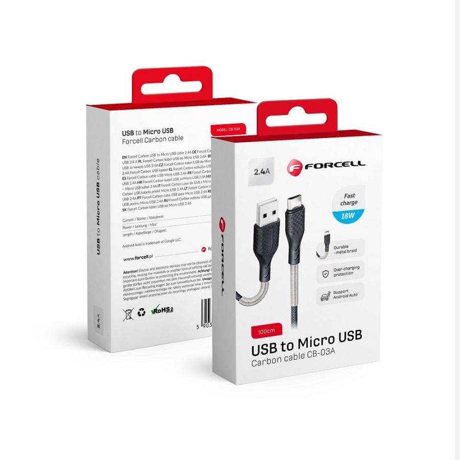 Forcell - Carbon cable USB to Micro 2,4A 18W CB-03A Black 1m