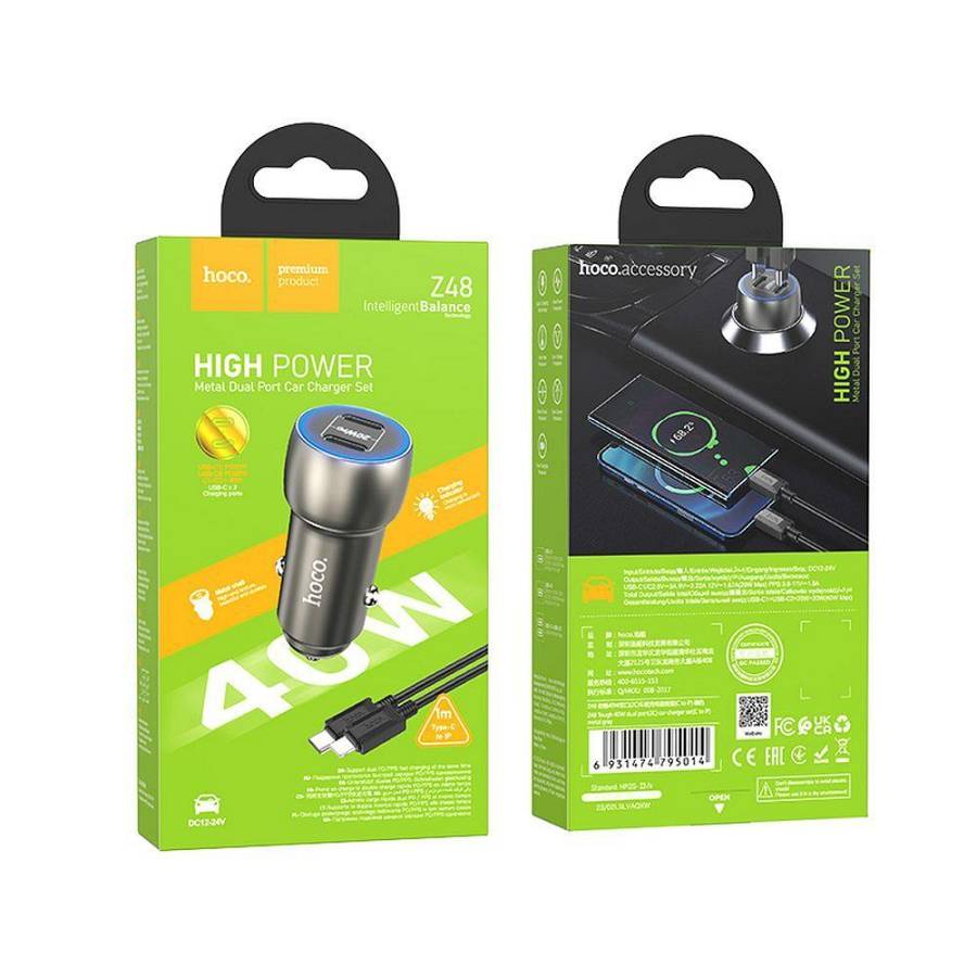 HOCO - Z48 car charger 2x Type C + cable Type C to iPhone Lightning 8-pin PD 40W sapphire blue