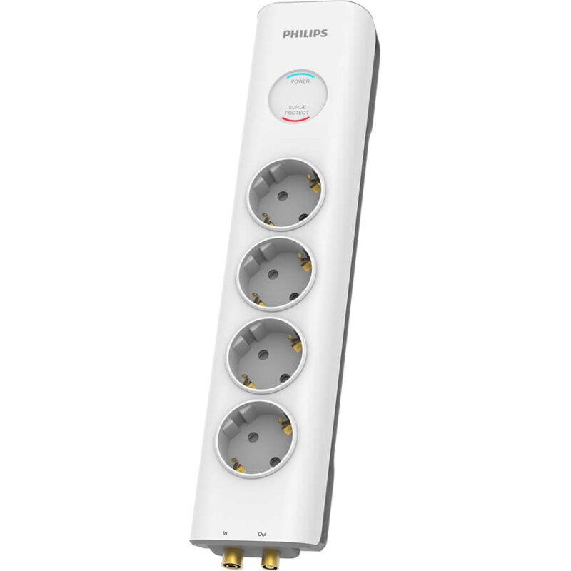 Philips - SPN7041WA/GRS Πολύπριζο ασφαλείας 4 θέσεων με προστασία ομοαξονικού καλωδίου τηλεόρασης