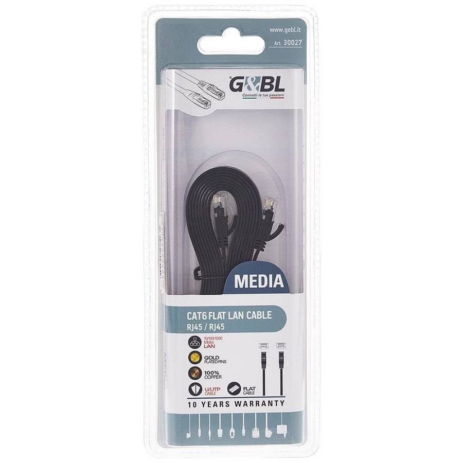 G&BL CAT 6 Network Cable U/UTP, Flat, 30AWG, Pure Copper, Black, L.3,0 m