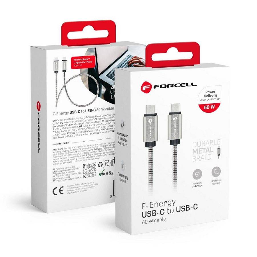 Forcell - Μεταλικό Καλώδιο Type C σε Type C PD QC4.0 3A 60W 1μέτρο Ασημί (C237)