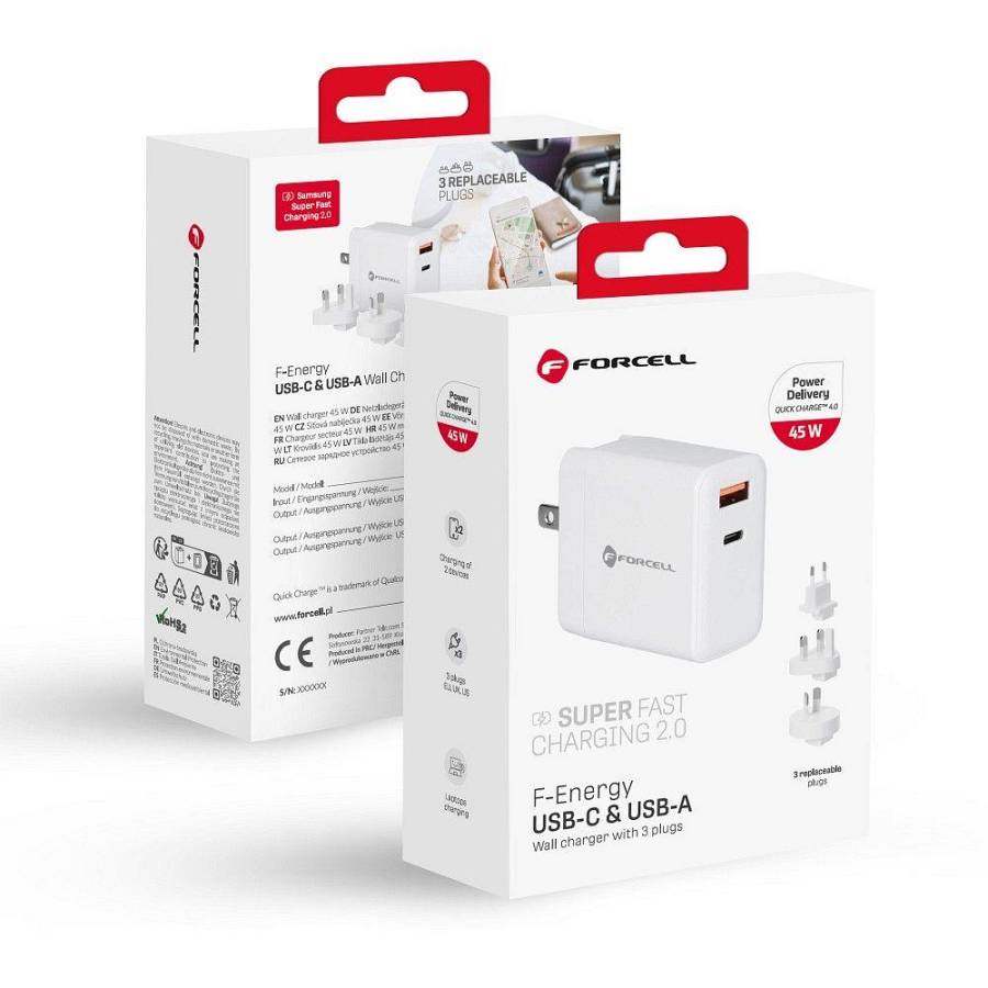 Forcell - 45W travel charger 3in1 Type C + USB A PD QC4. 0 3A 45W with replaceable plugs (EU / UK / US)