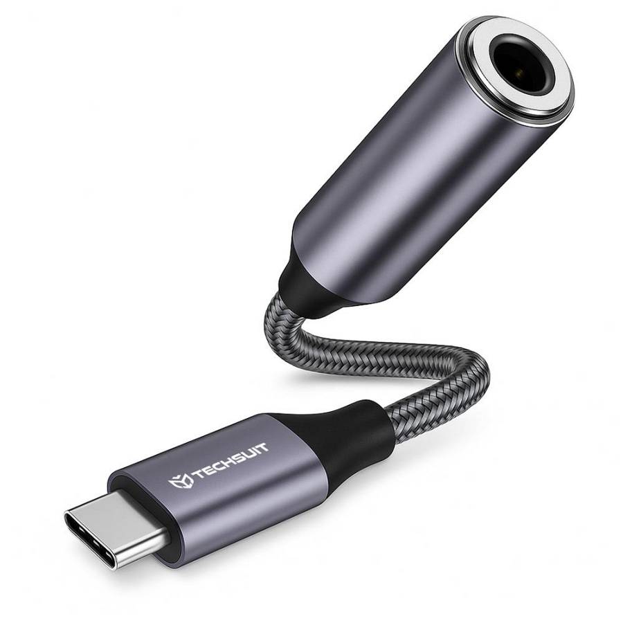 Techsuit - Premium Cable Adapter MusicDoX (AC8) - Type C to Jack, Hi-Fi Sound, DAC Chip, 3A, 0.1m - Gray