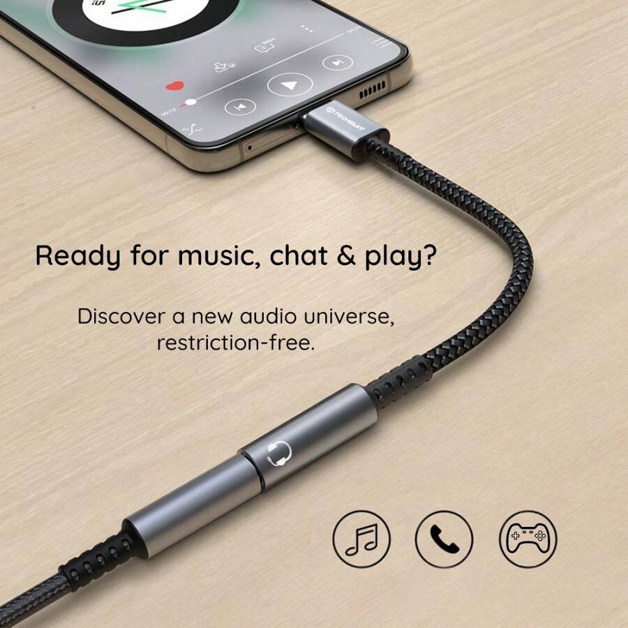 Techsuit - Premium Cable Adapter SonicPiX (AC14) - Type C to 3.5mm Jack, 3A, DAC Chip, Aluminum, Digital Decoder, 0.1m - Gray