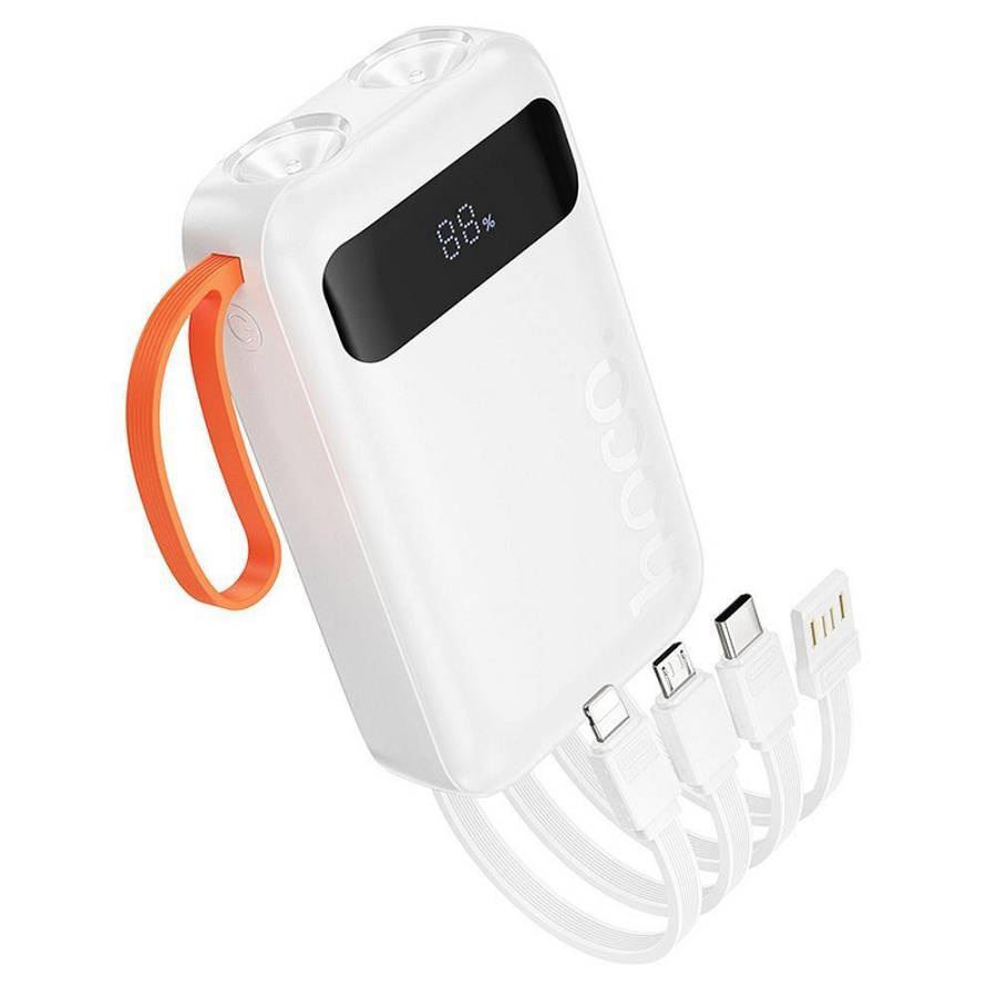 HOCO - J151 Powerbank 10000mAh with built in Cables USB A, USB C, Lightning, Micro USB Flashlight and LED Screen White