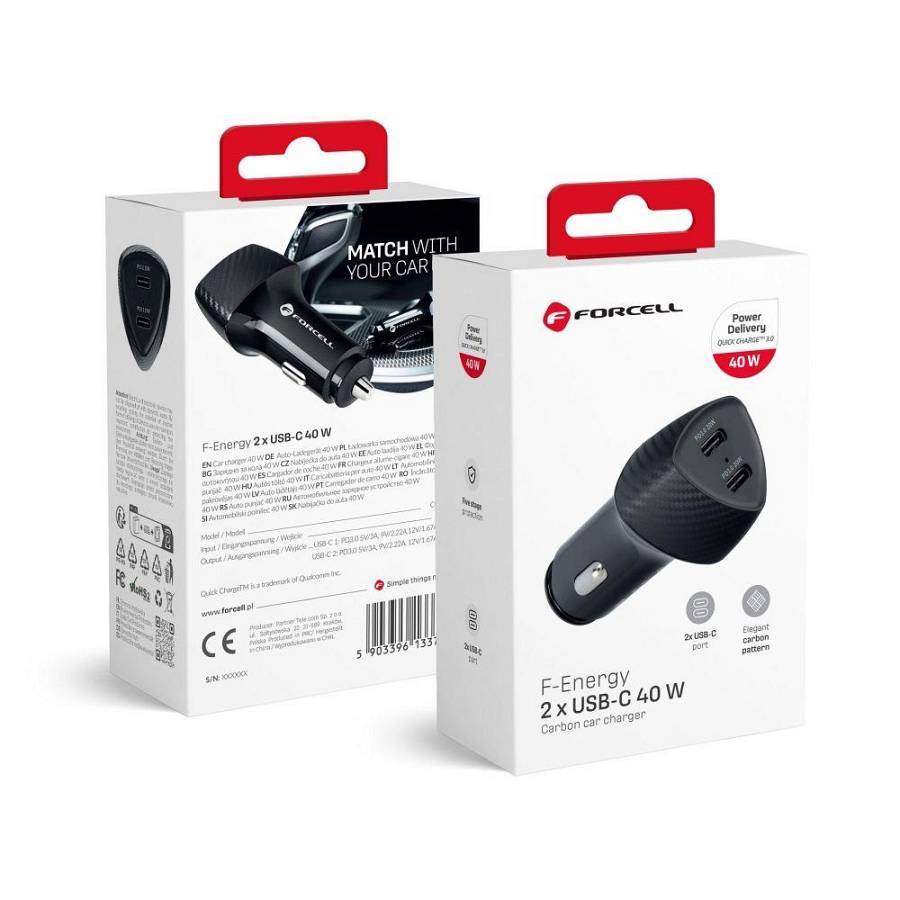 Forcell - Φορτιστής Αυτοκινήτου Carbon δύο θύρες Type C 3.0 PD 20W (CC50-2C)