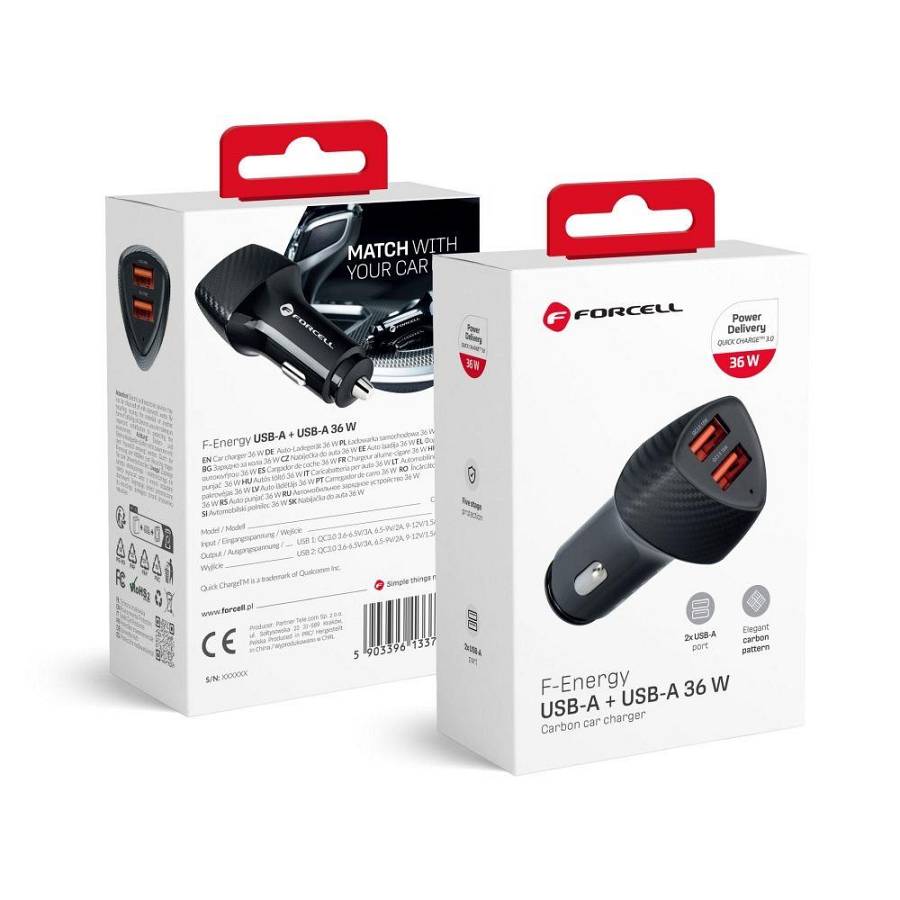 Forcell - Φορτιστής Αυτοκινήτου Carbon δύο θύρες USB A QC3.0 3A 36W (CC50-2A)