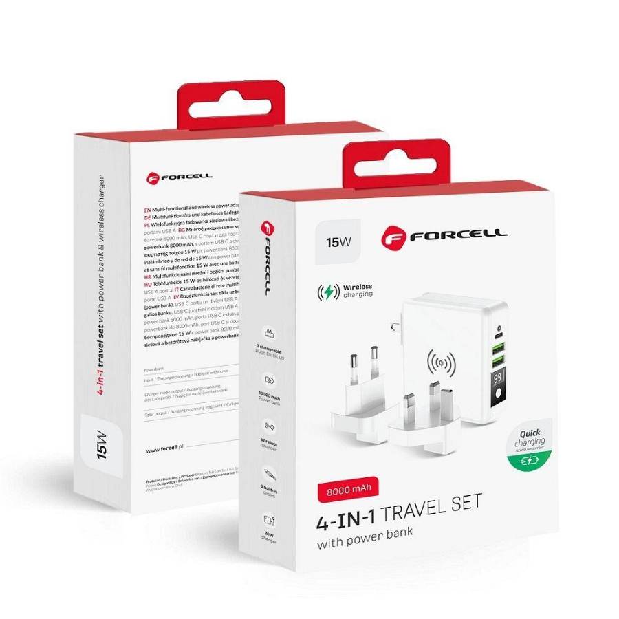 Forcell - Πολυλειτουργικός Φορτιστής 4 σε 1 με θύρες USB/USB C Ασύρματη Φόρτιση 15W Powerbank 8000mAh