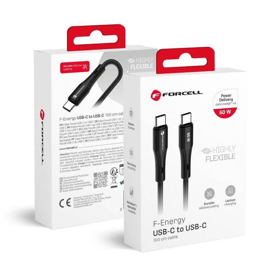 Forcell - Καλώδιο Σιλικόνης Type C σε Type C QC4.0 PD 3A 60W 1μ F-ENERGY C344 Μαύρο