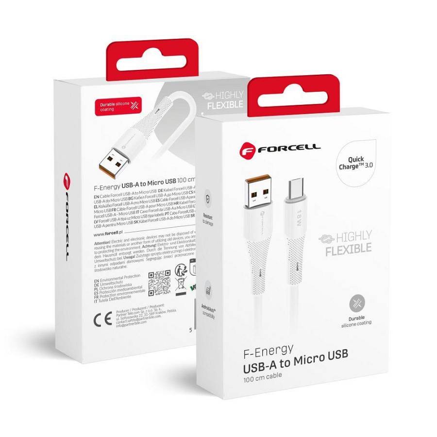 Forcell - Καλώδιο Σιλικόνης USB A σε Micro USB QC3.0 2,4A 18W 1μ F-ENERGY C341 Λευκό