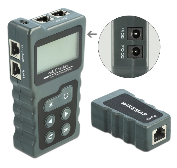 DELOCK tester καλωδίων με οθόνη 63110, RJ45, PoE, DC, γκρι 63110
