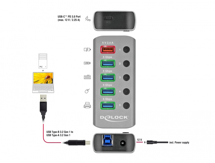 DELOCK USB hub 63263 με διακόπτες, 6x θυρών, 5Gbps, 12V/2.25A PD, γκρι 63263