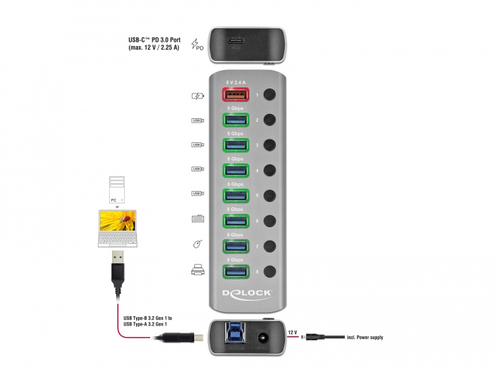 DELOCK USB hub 63264 με διακόπτες, 9x θυρών, 5Gbps, 12V/2.25A PD, γκρι 63264