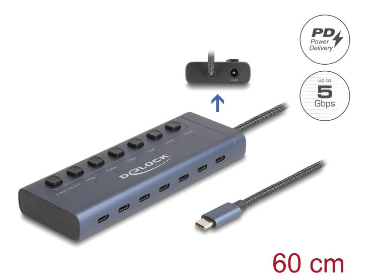 DELOCK USB-C hub 63410 με διακόπτες, 7x θυρών, 5Gbps, 20W, USB-C σύνδεση, μπλε 63410