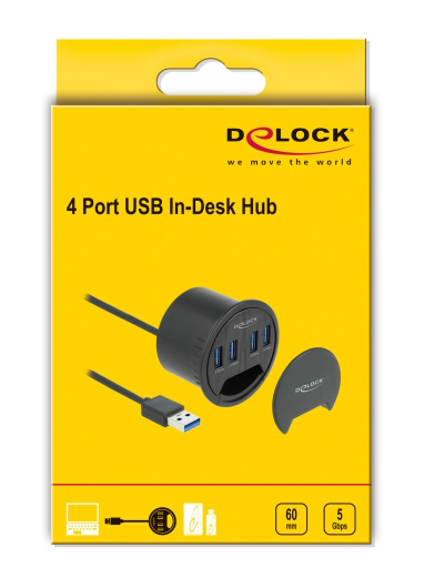 DELOCK USB hub 64153, 4x θυρών, 5Gbps, Φ60mm, USB σύνδεση, μαύρο 64153