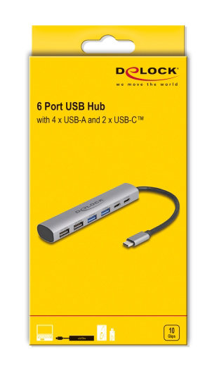 DELOCK USB hub 64232, 6x θυρών, 10Gbps, USB-C σύνδεση, γκρι 64232