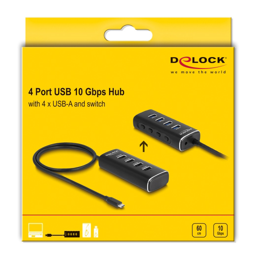 DELOCK USB hub 64233 με διακόπτες, 4 θυρών, 10Gbps, USB-C σύνδεση, μαύρο 64233