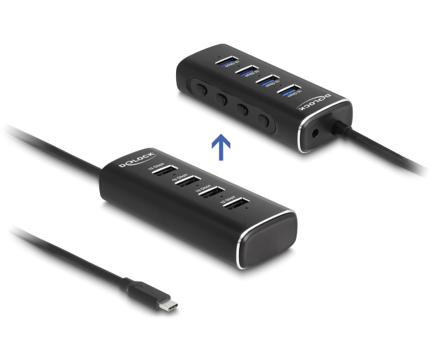 DELOCK USB hub 64233 με διακόπτες, 4 θυρών, 10Gbps, USB-C σύνδεση, μαύρο 64233